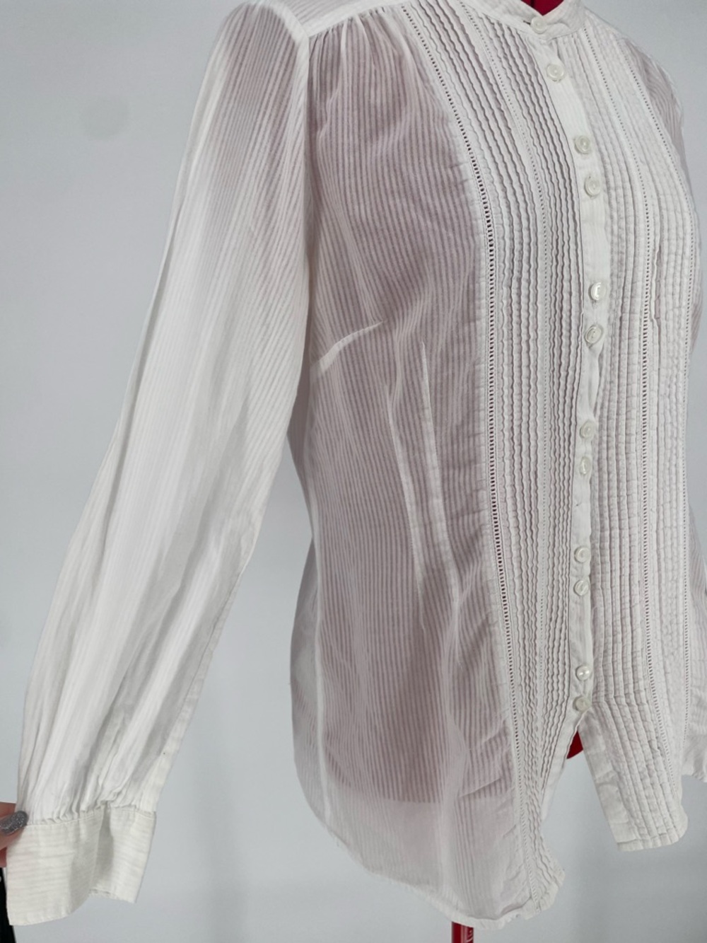 A.n.A. White Lightweight 100% Cotton Striped Button Down Pin-tuck Casual Blouse - Picture 7 of 16